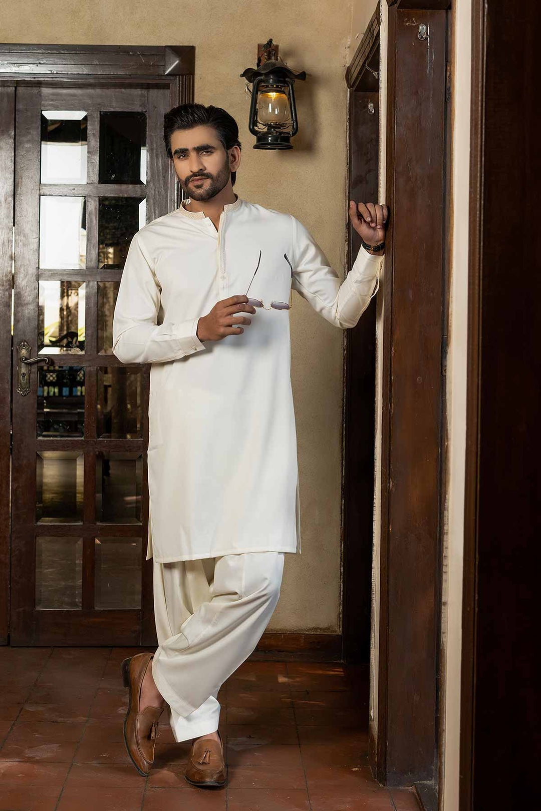 Patterned Cream Shalwar Kameez