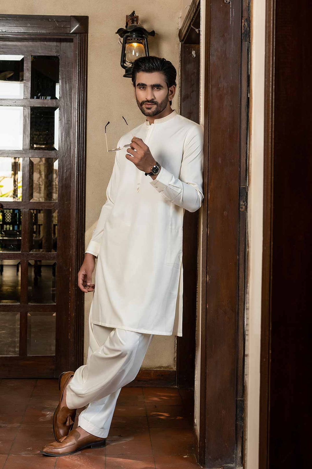 Patterned Cream Shalwar Kameez